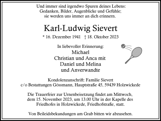Traueranzeige von Karl-Ludwig Sievert von Hellweger Anzeiger