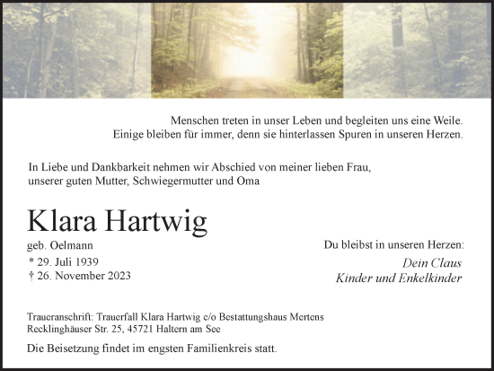 Traueranzeige von Klara Hartwig von Ruhr Nachrichten und Halterner Zeitung