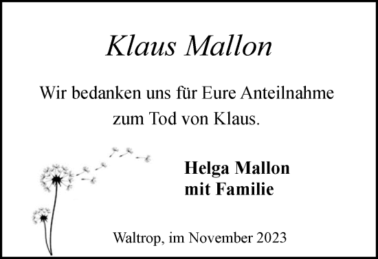 Traueranzeige von Klaus Mallon von Medienhaus Bauer