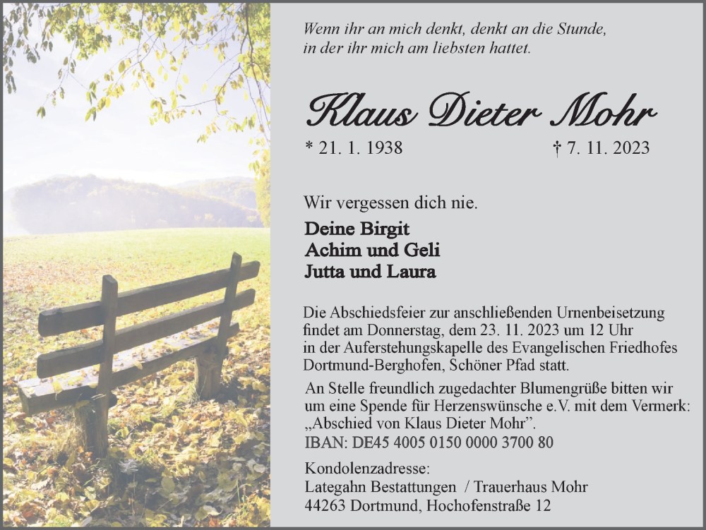  Traueranzeige für Klaus Dieter Mohr vom 11.11.2023 aus 