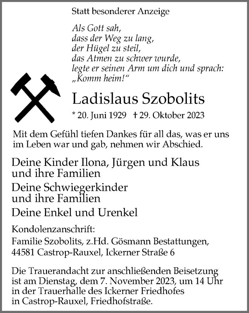  Traueranzeige für Ladislaus Szobolits vom 04.11.2023 aus 