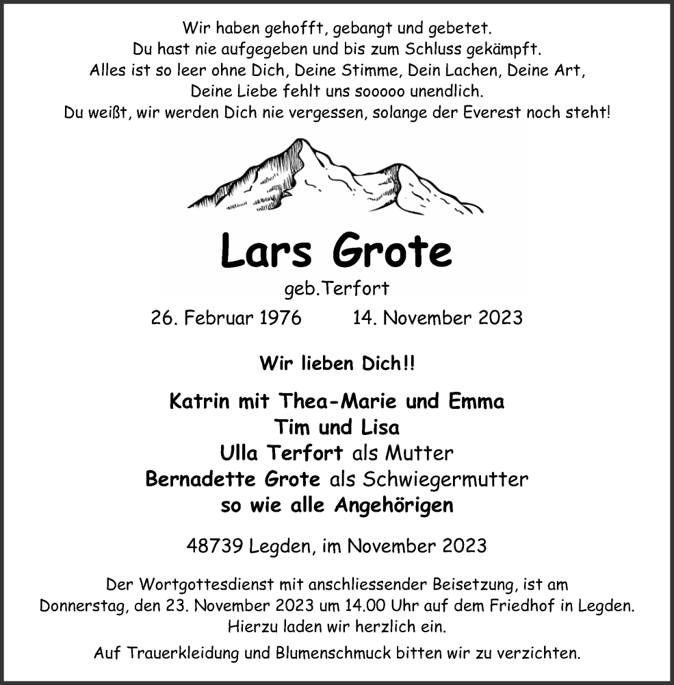  Traueranzeige für Lars Grote vom 21.11.2023 aus Münstersche Zeitung und Münsterland Zeitung