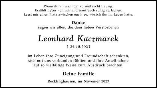 Traueranzeige von Leonhard Kaczmarek von Medienhaus Bauer