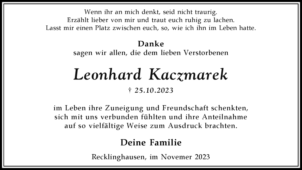  Traueranzeige für Leonhard Kaczmarek vom 25.11.2023 aus Medienhaus Bauer