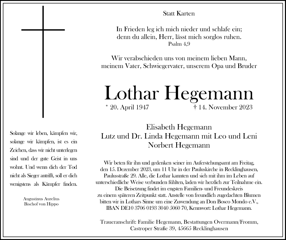  Traueranzeige für Lothar Hegemann vom 25.11.2023 aus Medienhaus Bauer