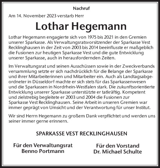 Traueranzeige von Lothar Hegemann von Medienhaus Bauer