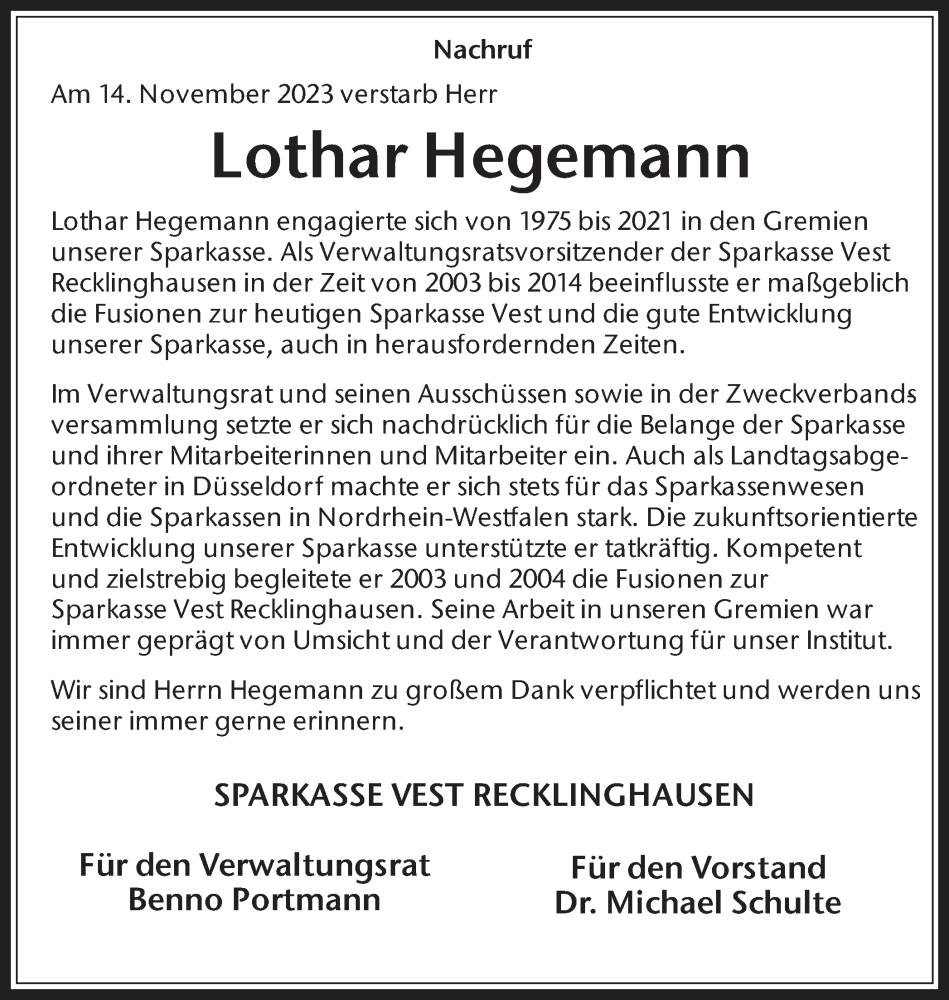  Traueranzeige für Lothar Hegemann vom 25.11.2023 aus Medienhaus Bauer