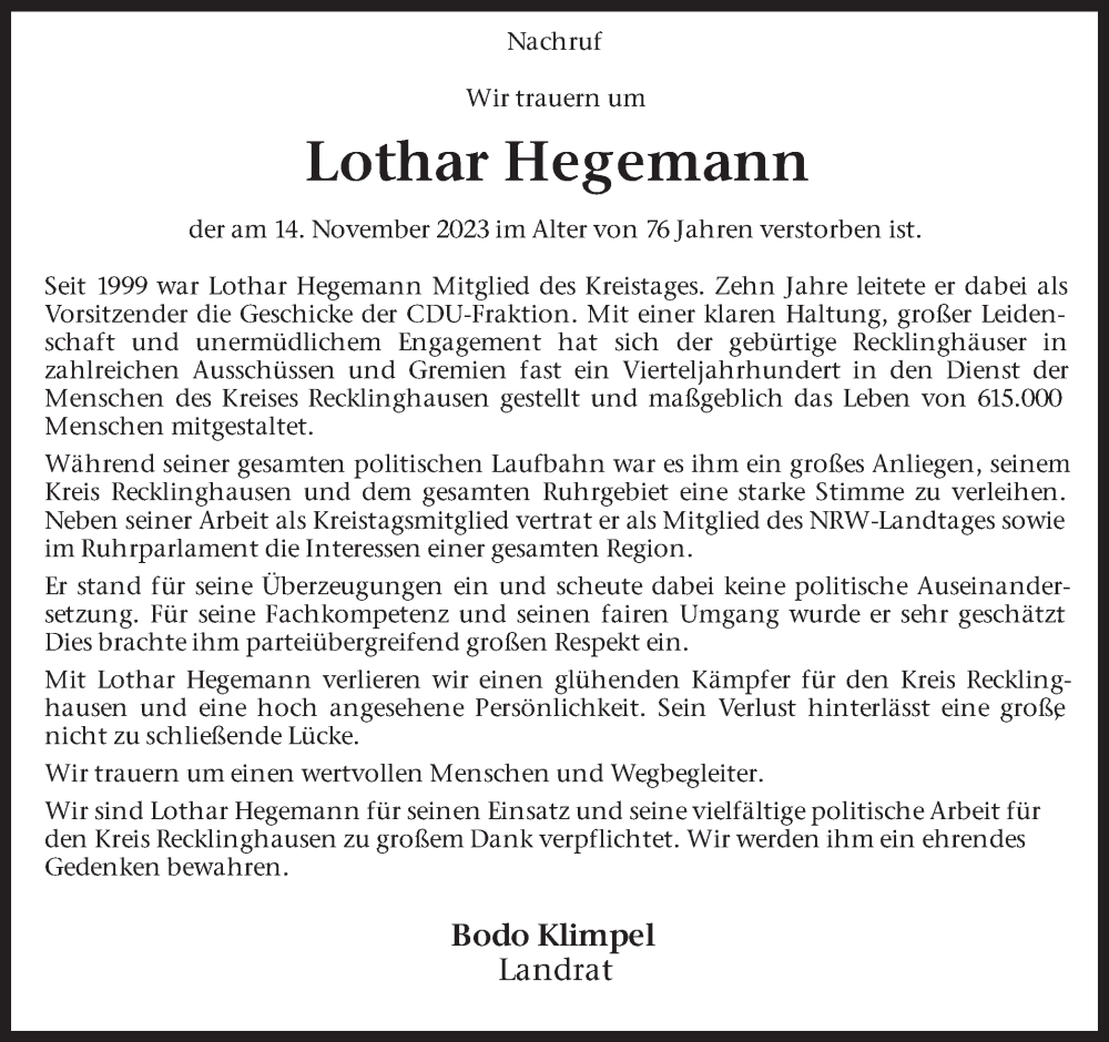  Traueranzeige für Lothar Hegemann vom 18.11.2023 aus Medienhaus Bauer