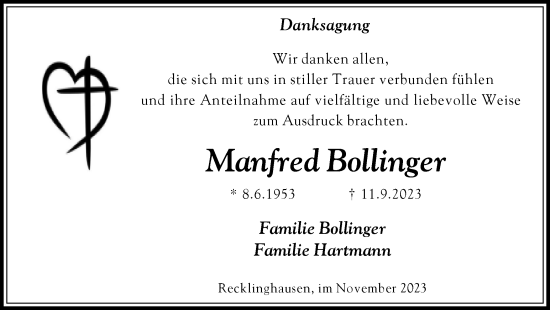 Traueranzeige von Manfred Bollinger von Medienhaus Bauer