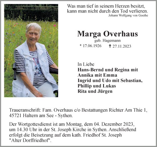 Traueranzeige von Marga Overhaus von Ruhr Nachrichten und Halterner Zeitung