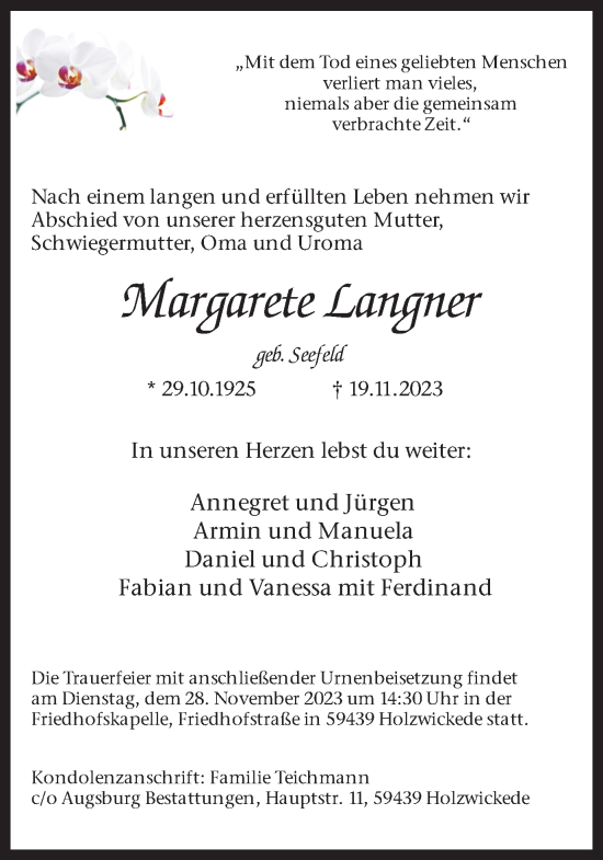 Traueranzeige von Margarete Langner von Hellweger Anzeiger