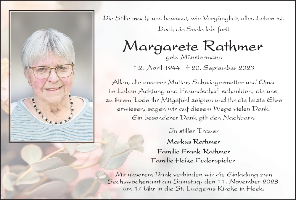 Traueranzeige für Margarete Rathmer vom 04.11.2023 aus Münstersche Zeitung und Münsterland Zeitung
