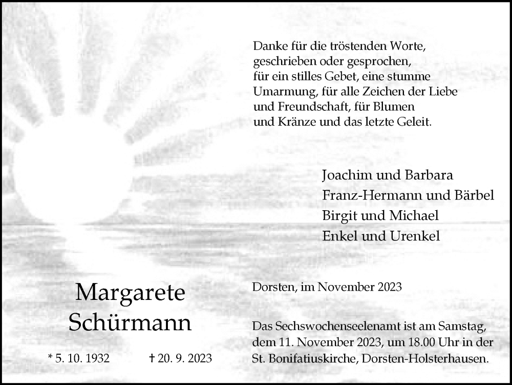  Traueranzeige für Margarete Schürmann vom 04.11.2023 aus Ruhr Nachrichten und Dorstener Zeitung