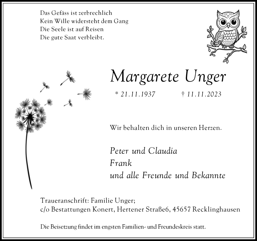  Traueranzeige für Margarete Unger vom 25.11.2023 aus Medienhaus Bauer