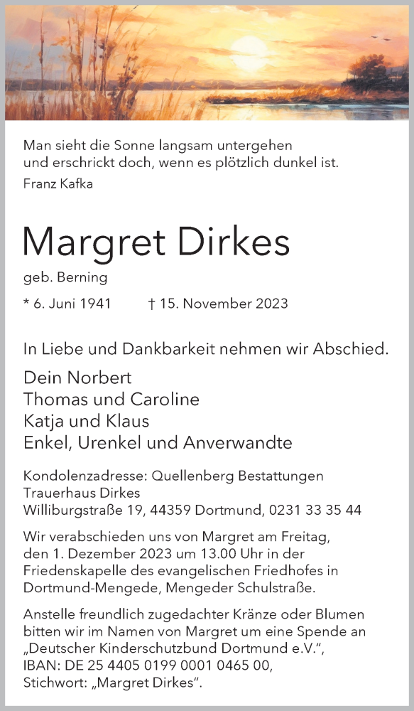  Traueranzeige für Margret Dirkes vom 25.11.2023 aus 