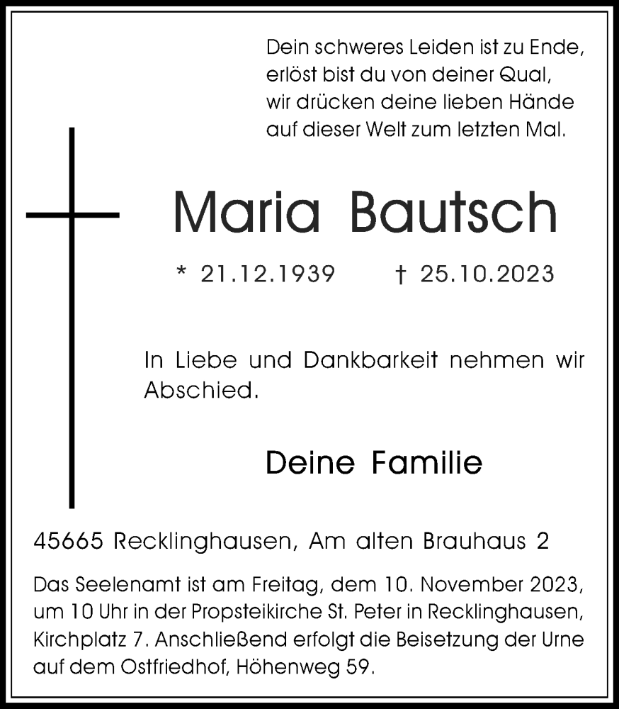  Traueranzeige für Maria Bautsch vom 04.11.2023 aus Medienhaus Bauer