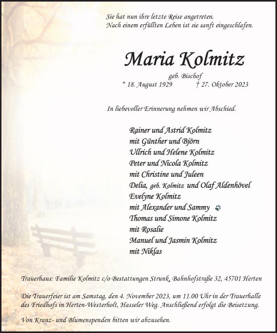 Traueranzeige von Maria Kolmitz von Medienhaus Bauer