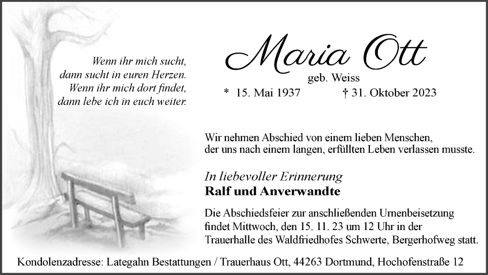  Traueranzeige für Maria Ott vom 11.11.2023 aus Hellweger Anzeiger
