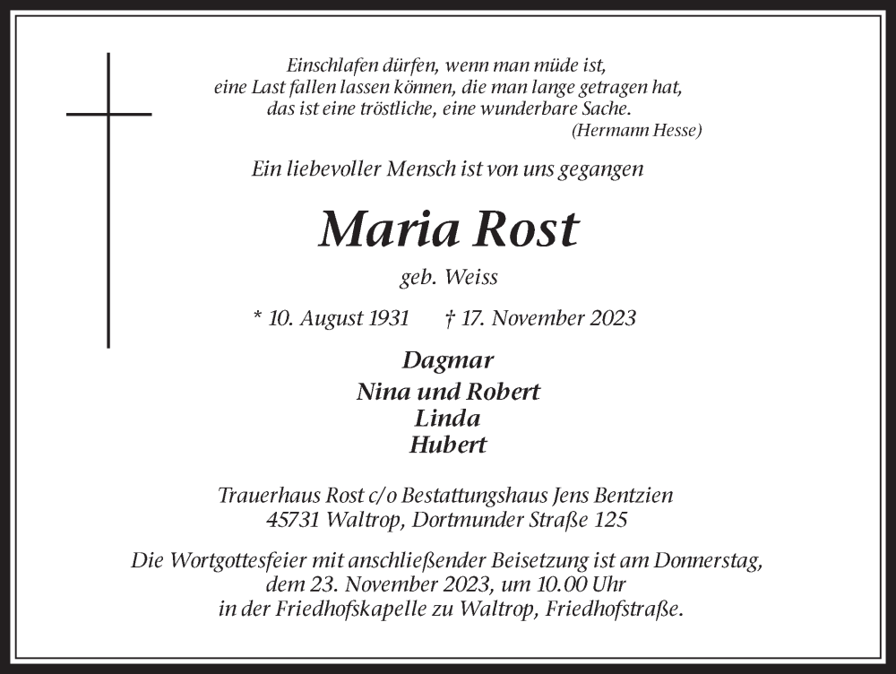  Traueranzeige für Maria Rost vom 21.11.2023 aus Medienhaus Bauer