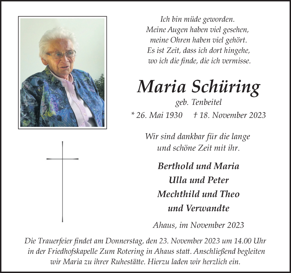  Traueranzeige für Maria Schüring vom 21.11.2023 aus Münstersche Zeitung und Münsterland Zeitung