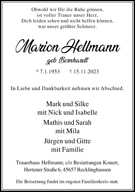 Traueranzeige von Marion Hellmann von Medienhaus Bauer