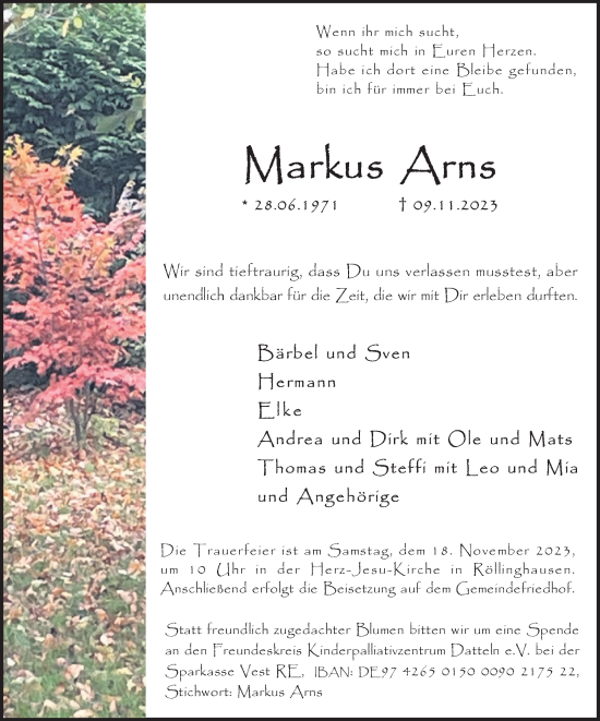 Traueranzeige von Markus Arns von Medienhaus Bauer