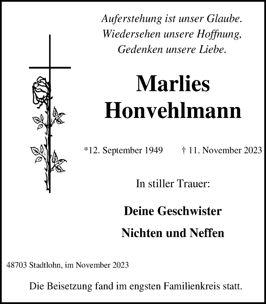  Traueranzeige für Marlies Honvehlmann vom 25.11.2023 aus Münstersche Zeitung und Münsterland Zeitung