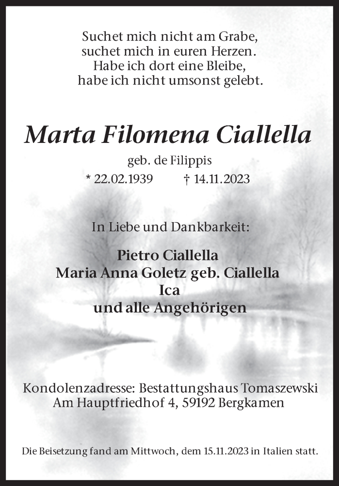  Traueranzeige für Marta Filomena Ciallella vom 18.11.2023 aus Hellweger Anzeiger