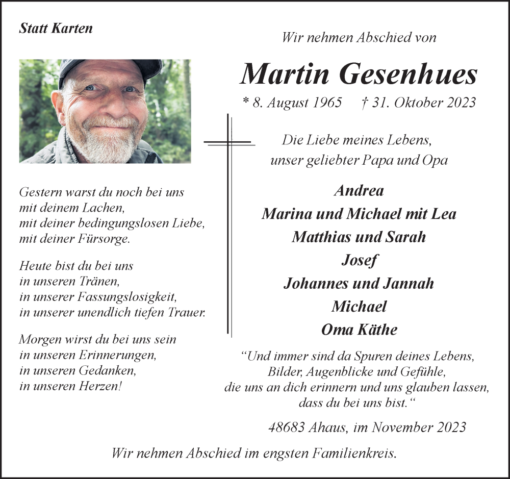  Traueranzeige für Martin Gesenhues vom 04.11.2023 aus Münstersche Zeitung und Münsterland Zeitung