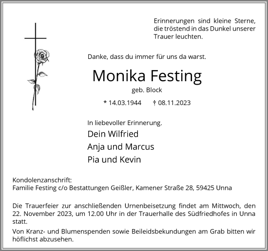 Traueranzeige von Monika Festing von Hellweger Anzeiger