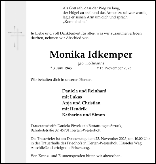 Traueranzeige von Monika Idkemper von Medienhaus Bauer