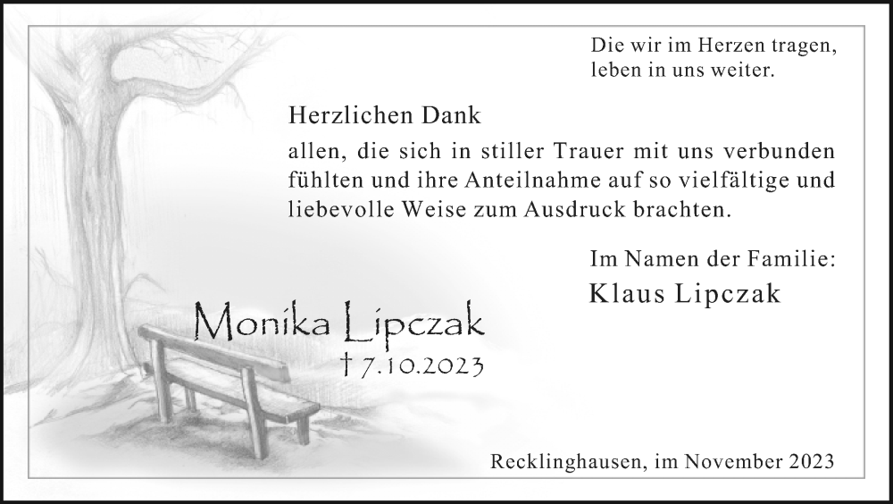  Traueranzeige für Monika Lipczak vom 11.11.2023 aus Medienhaus Bauer