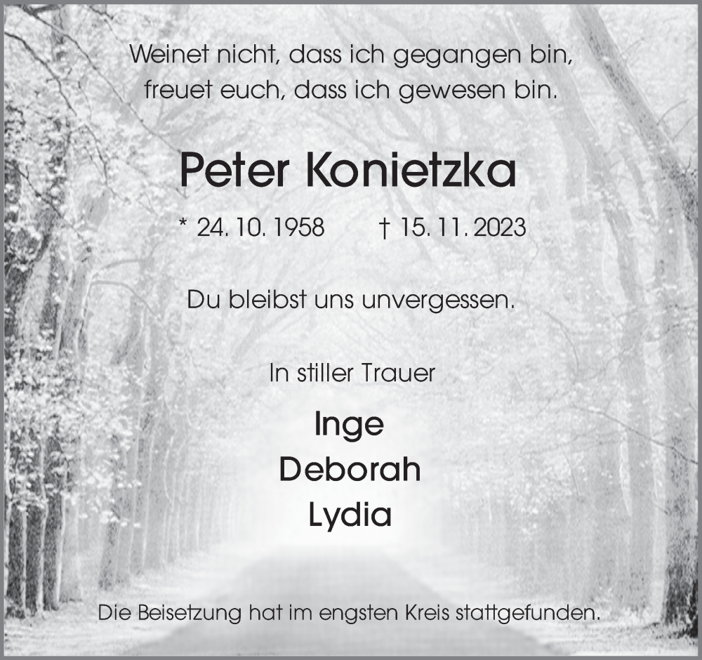  Traueranzeige für Peter Konietzka vom 29.11.2023 aus Medienhaus Bauer