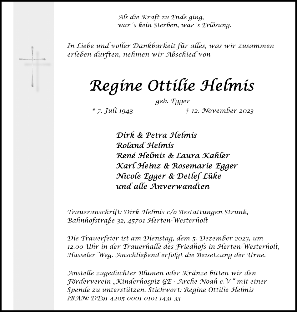  Traueranzeige für Regine Ottilie Helmis vom 29.11.2023 aus Medienhaus Bauer