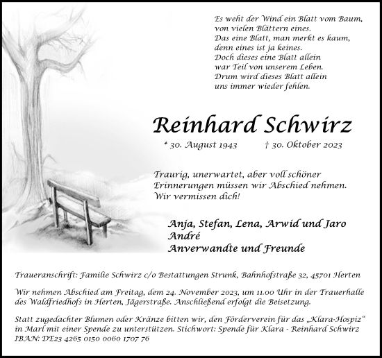 Traueranzeige von Reinhard Schwarz von Medienhaus Bauer