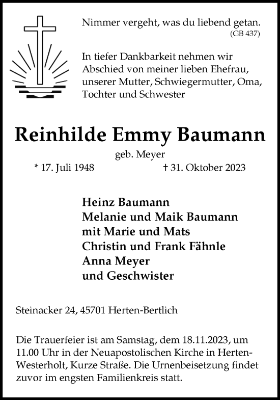 Traueranzeige von Reinhilde  Baumann von Medienhaus Bauer