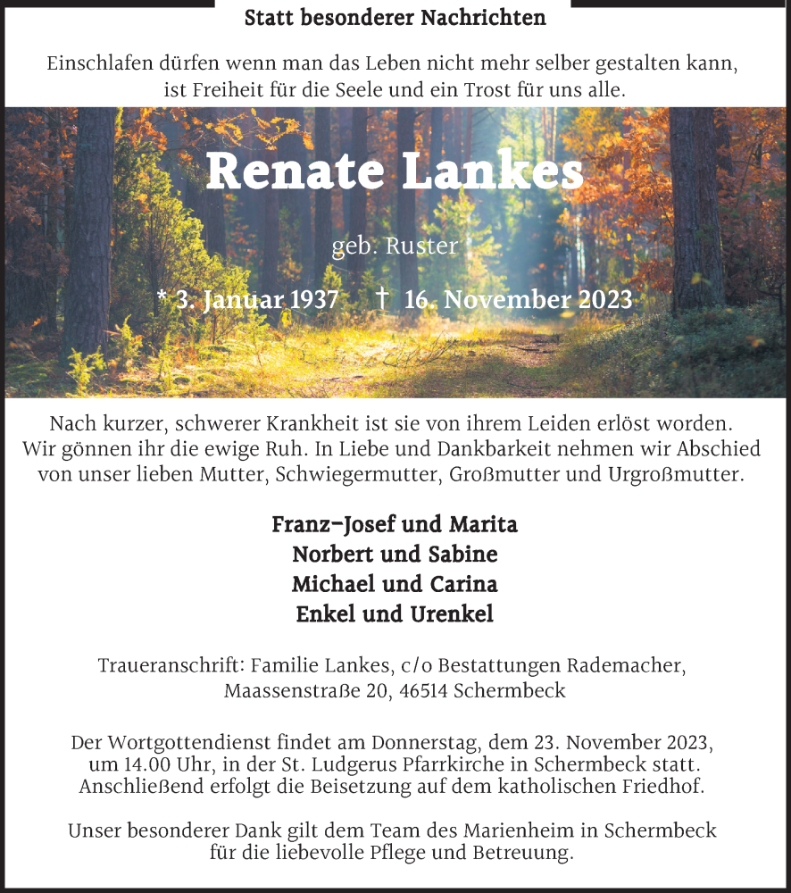  Traueranzeige für Renate Lankes vom 18.11.2023 aus Ruhr Nachrichten und Dorstener Zeitung