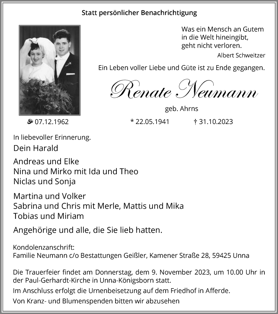  Traueranzeige für Renate Neumann vom 04.11.2023 aus Hellweger Anzeiger