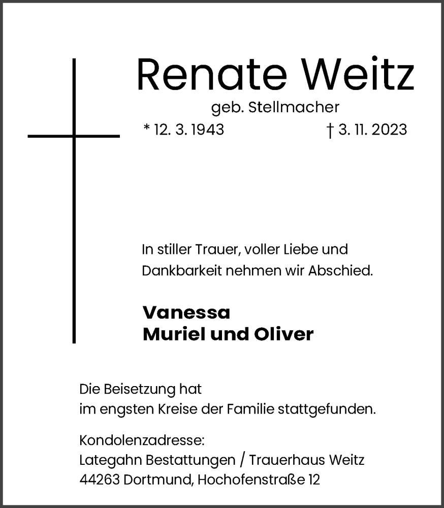  Traueranzeige für Renate Weitz vom 25.11.2023 aus 