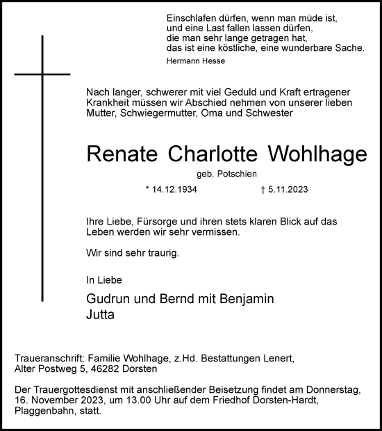 Traueranzeige von Renate Charlotte Wohlhage von Ruhr Nachrichten und Dorstener Zeitung