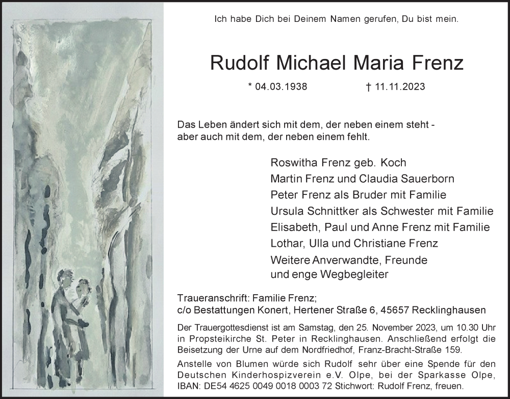  Traueranzeige für Rudolf Michael Maria Frenz vom 22.11.2023 aus Medienhaus Bauer