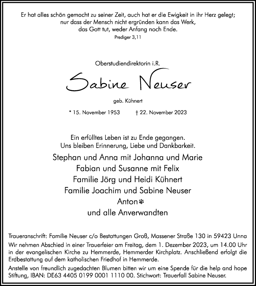  Traueranzeige für Sabine Nueser vom 25.11.2023 aus Hellweger Anzeiger