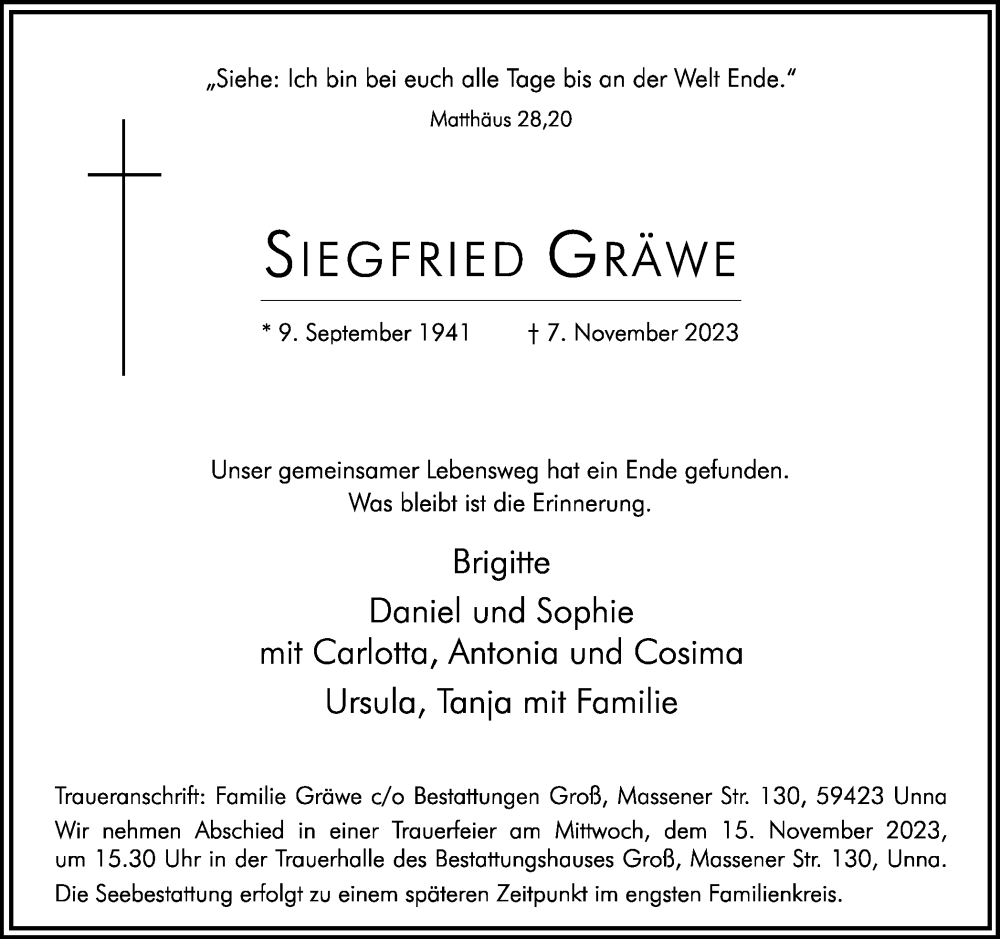  Traueranzeige für Siegfried Gräwe vom 11.11.2023 aus Hellweger Anzeiger