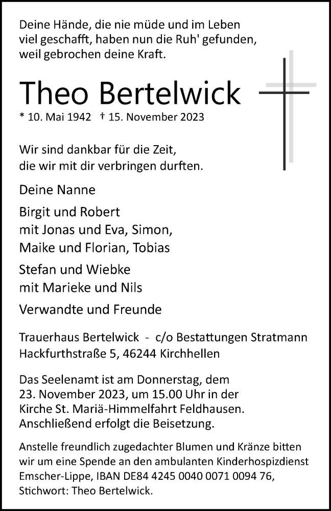  Traueranzeige für Theo Bertelwick vom 21.11.2023 aus Ruhr Nachrichten und Dorstener Zeitung