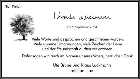 Traueranzeige von Ursula Lückmann von Hellweger Anzeiger