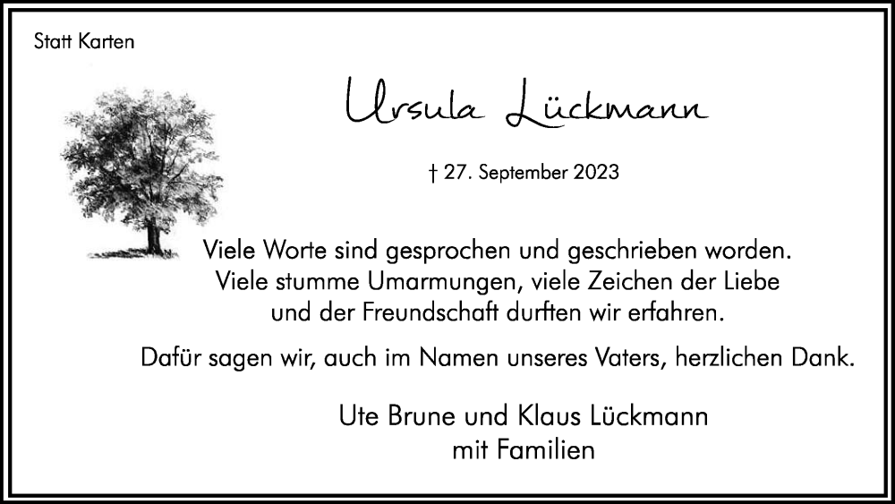  Traueranzeige für Ursula Lückmann vom 25.11.2023 aus Hellweger Anzeiger