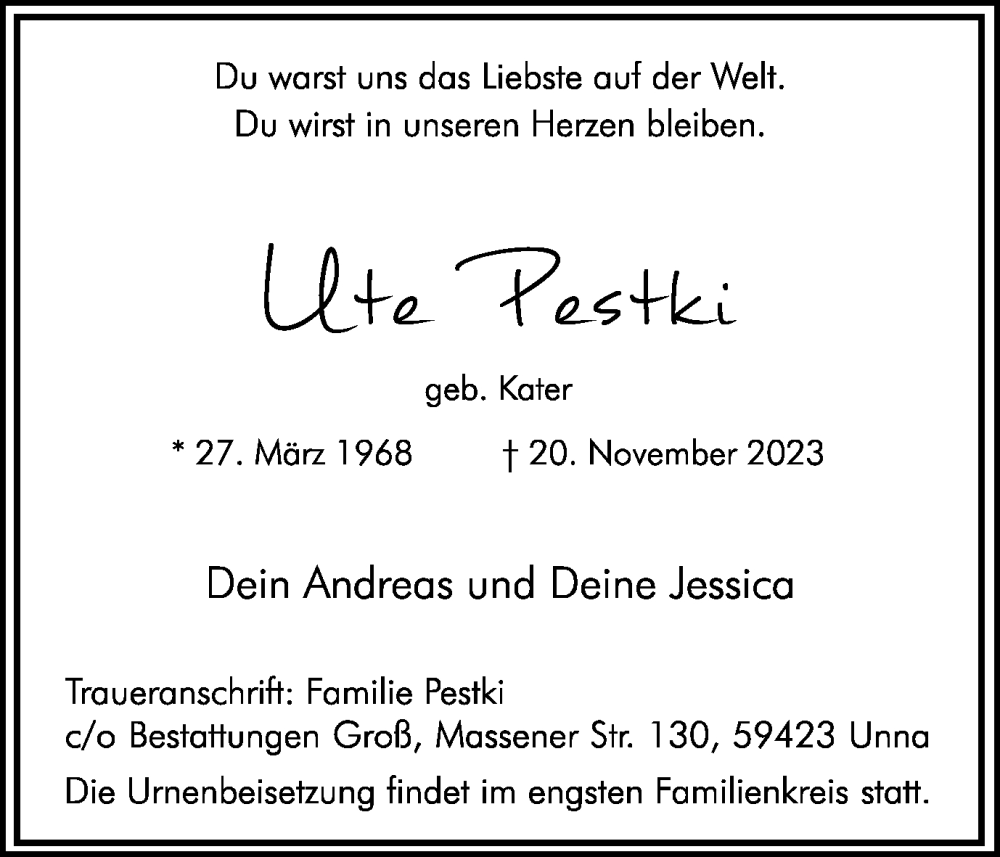  Traueranzeige für Ute Pestki vom 25.11.2023 aus Hellweger Anzeiger