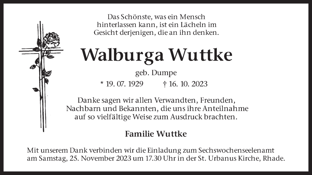  Traueranzeige für Walburga Wuttke vom 21.11.2023 aus Ruhr Nachrichten und Dorstener Zeitung