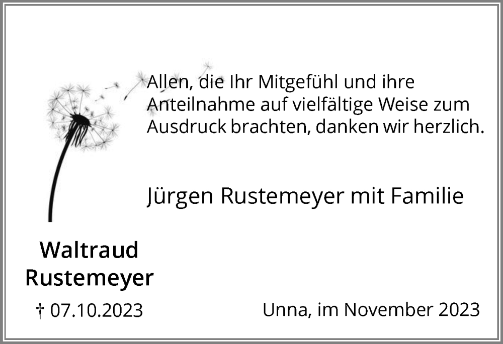  Traueranzeige für Waltraud Rustemeyer vom 11.11.2023 aus Hellweger Anzeiger