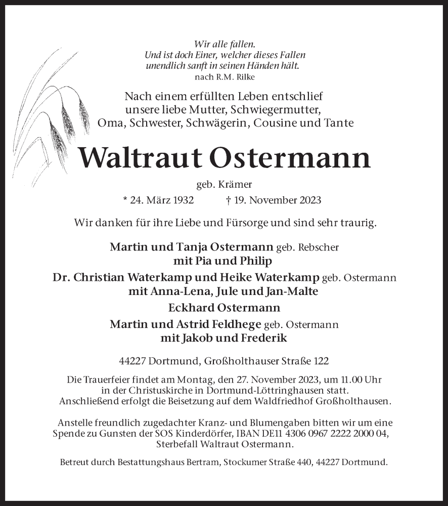  Traueranzeige für Waltraut Ostermann vom 24.11.2023 aus 